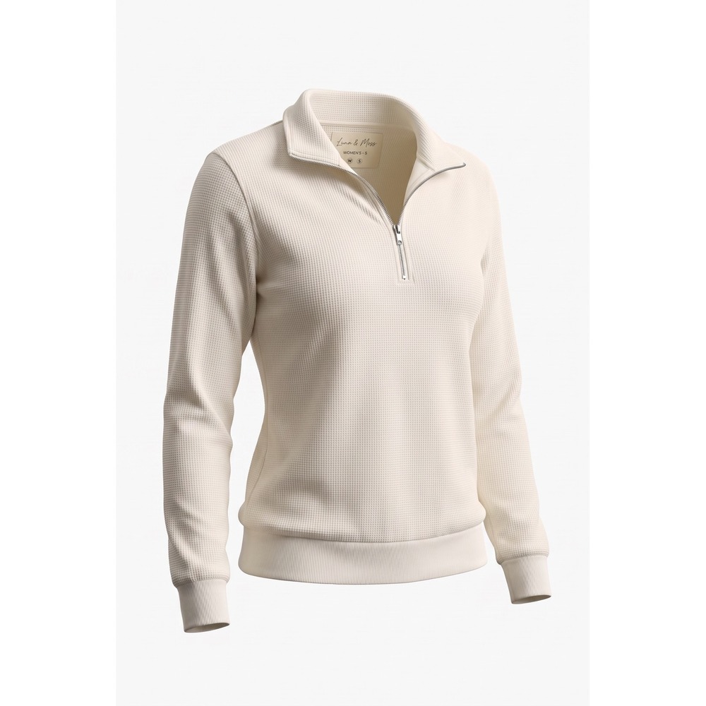 Emery Rose White Waffle Knit Quarter Zip Pullover Sweatshirt Small